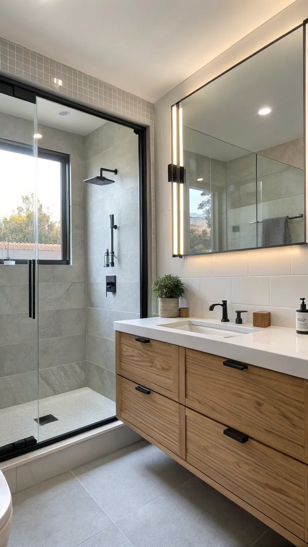 Modern minimalist bathroom with natural light through frosted window, white oak vanity, black fixtures, frameless glass shower, grey tiles, and large LED mirror reflecting daylight