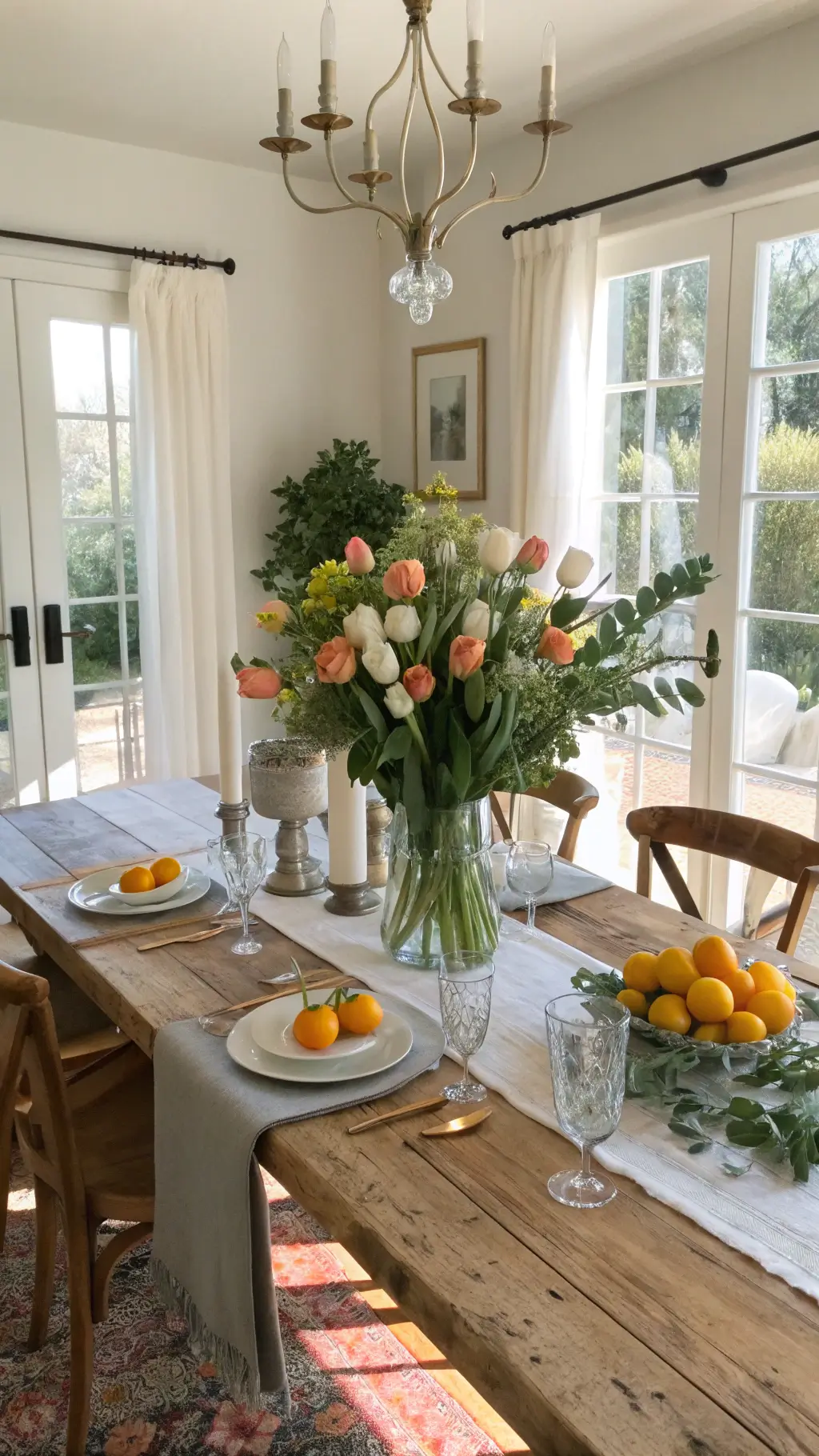 Bright farmhouse dining room with fresh flower centerpiece, citrus accents, and brass candlesticks on rustic table