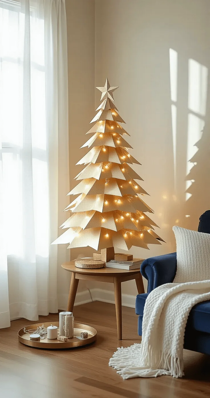 Crafting the Ultimate DIY Christmas Tree Cozy apartment nook featuring a handmade paper Christmas tree centerpiece on a wooden side table, bathed in soft morning light, with plush throws and scattered craft materials, complemented by twinkling fairy lights.