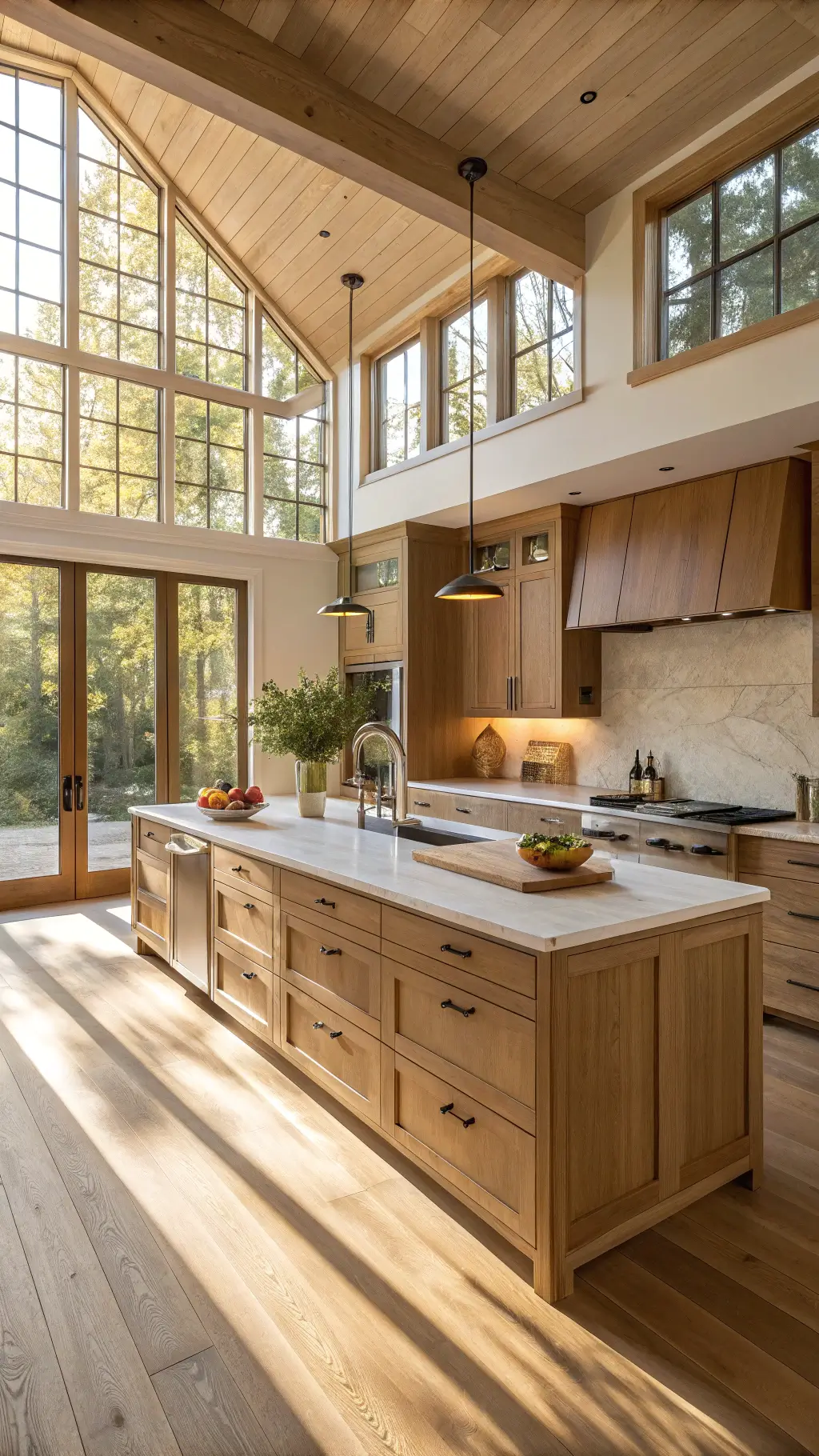 Spacious modern kitchen featuring floor-to-ceiling white oak cabinets, large east-facing windows flooding the space with morning light, a waterfall-edge center island, minimal brass hardware, and decorative ceramic vessels