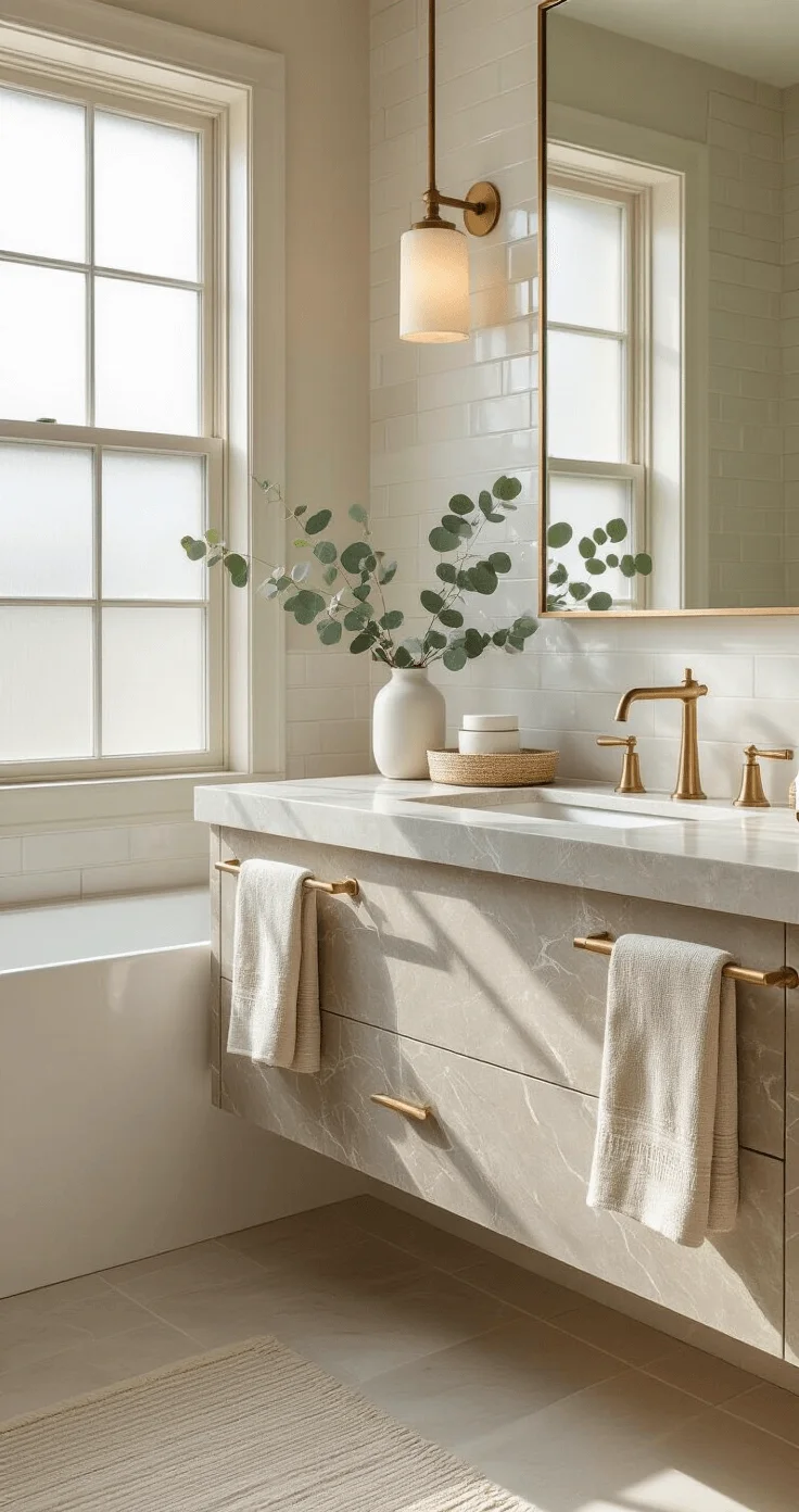Wide-angle view of a peaceful bathroom with a stone vanity featuring waterfall edges in warm gray marble, soft natural light filtering through frosted windows, cream subway tiles, floating vanity with brushed brass fixtures, white ceramic vessels with eucalyptus, and oatmeal linen towels on gold bars, all in creamy whites, beiges, and charcoal tones.