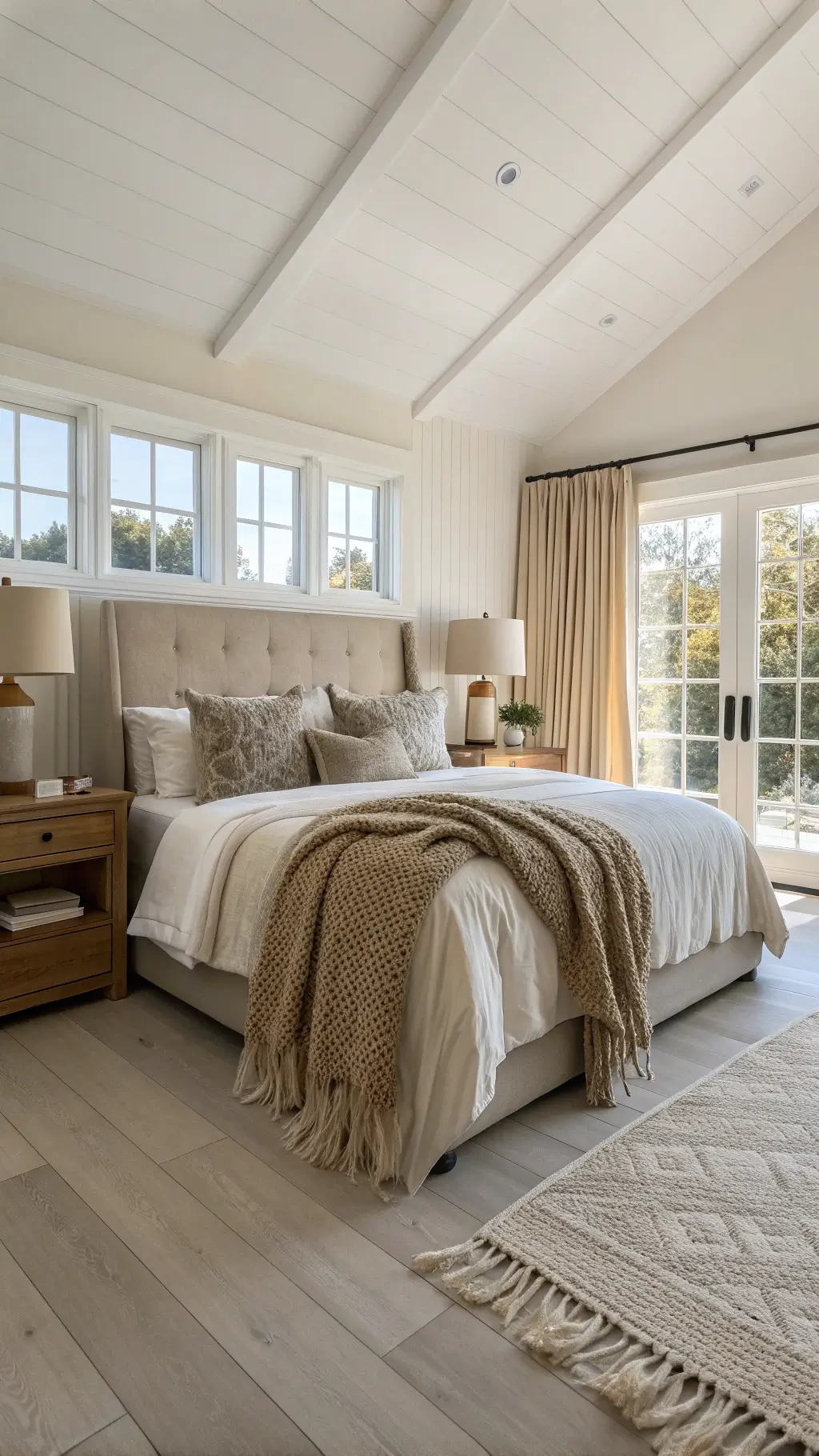 Morning sunlight filtering through linen curtains in a tranquil bedroom with a king-sized bed, oatmeal headboard, and warm neutral bedding, flanked by weathered oak nightstands and ceramic lamps.