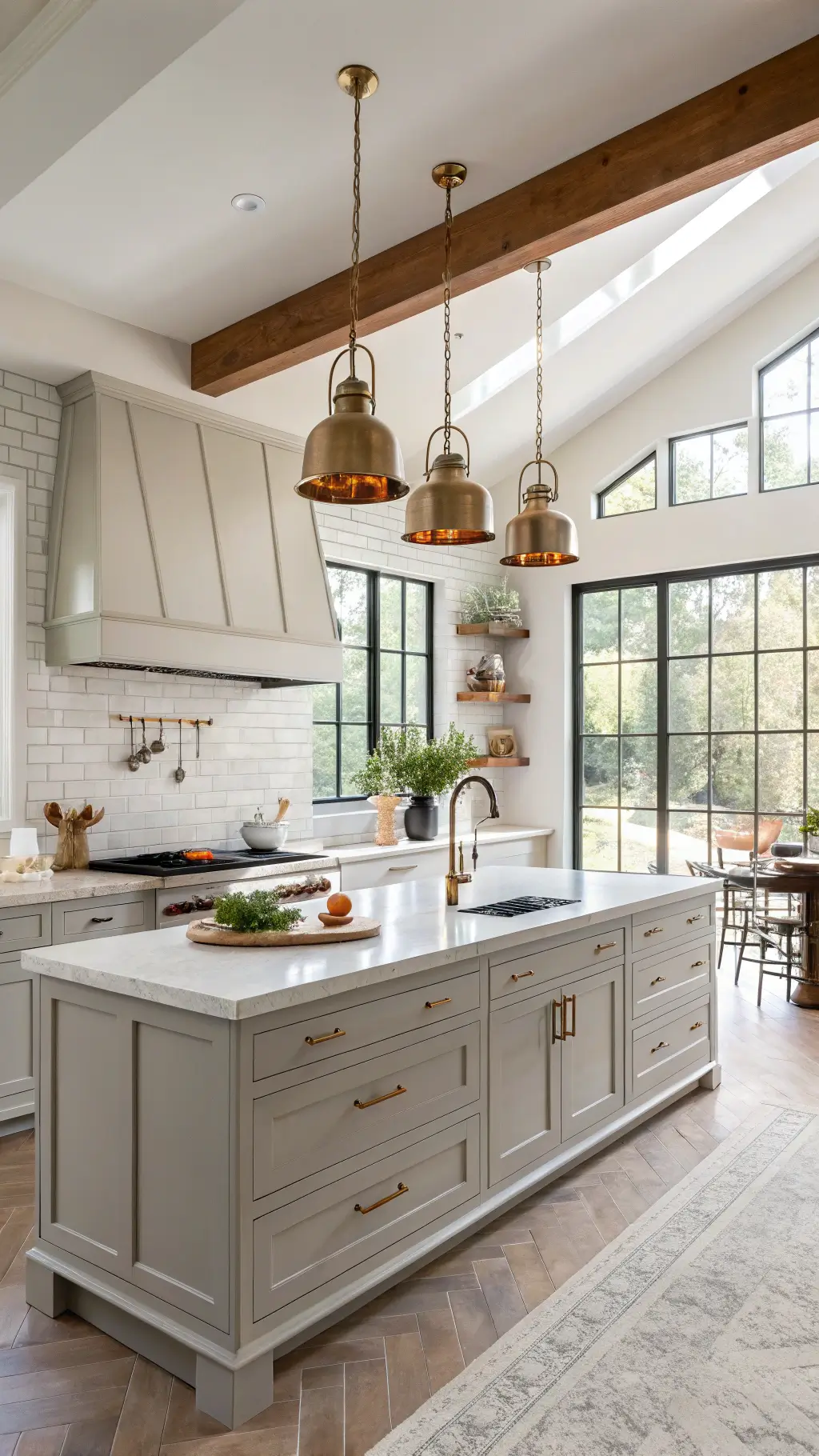 Spacious kitchen with greige shaker-style cabinets, Carrara marble countertops, large island, and vintage pendant lights illuminated by natural light from floor-to-ceiling windows