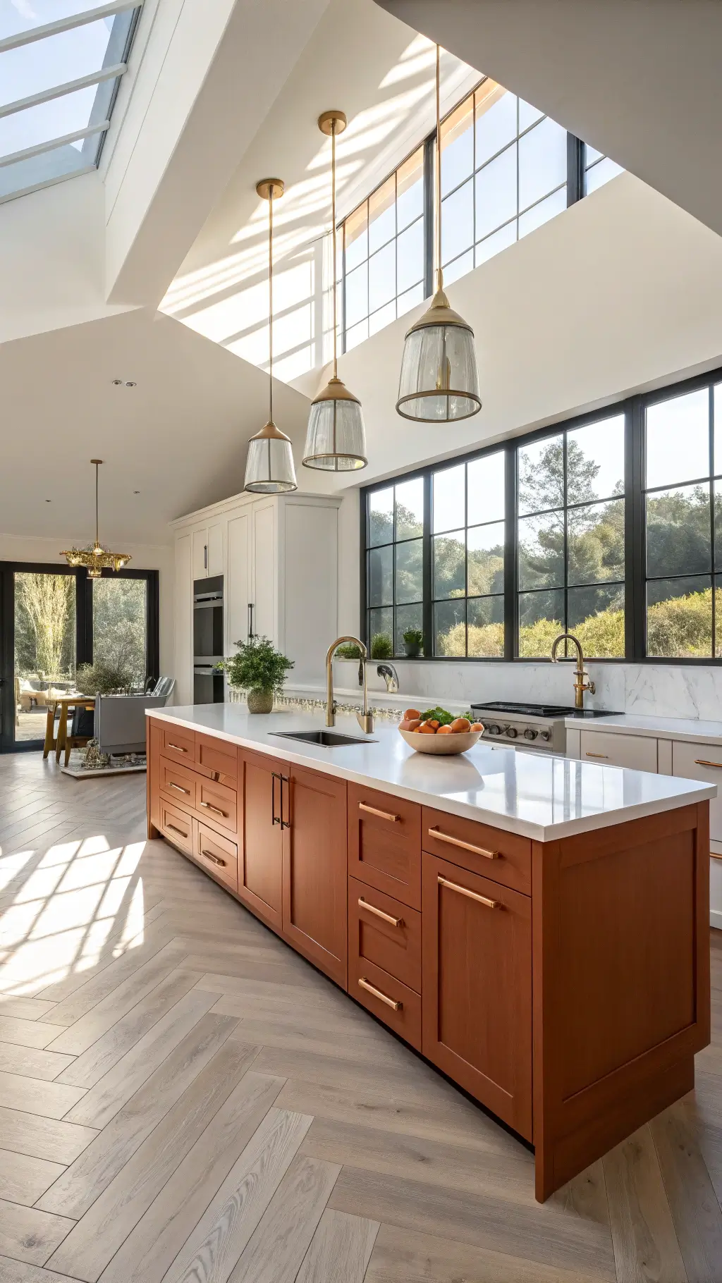 Modern spacious kitchen featuring orange cabinets, white quartz countertops, oak flooring, and brass fixtures illuminated by warm golden hour light