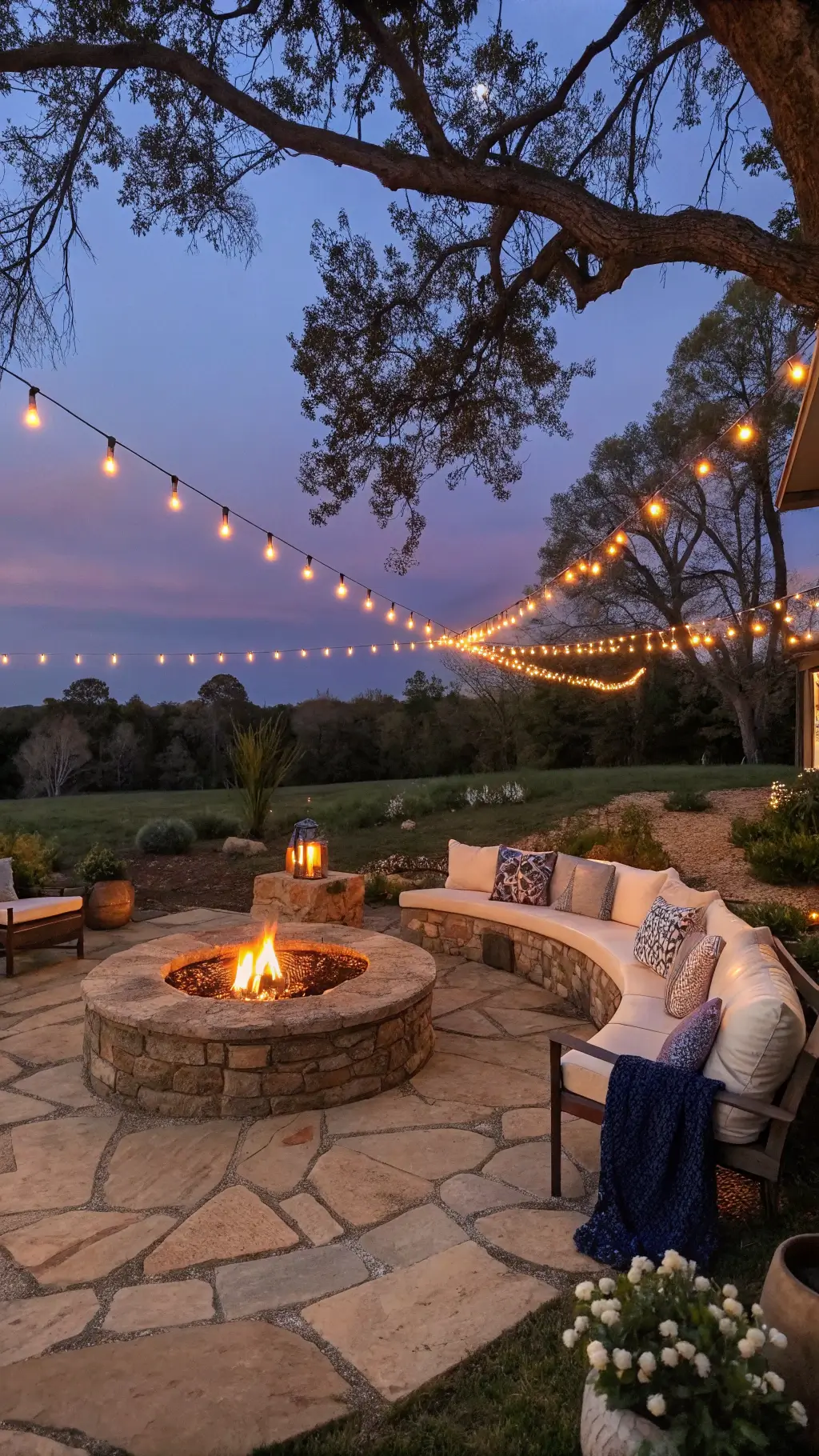Twilight backyard with rustic stone fire pit, cream cushions, navy blankets, oak trees, string lights, copper lanterns, and lavender plants under dusky purple sky