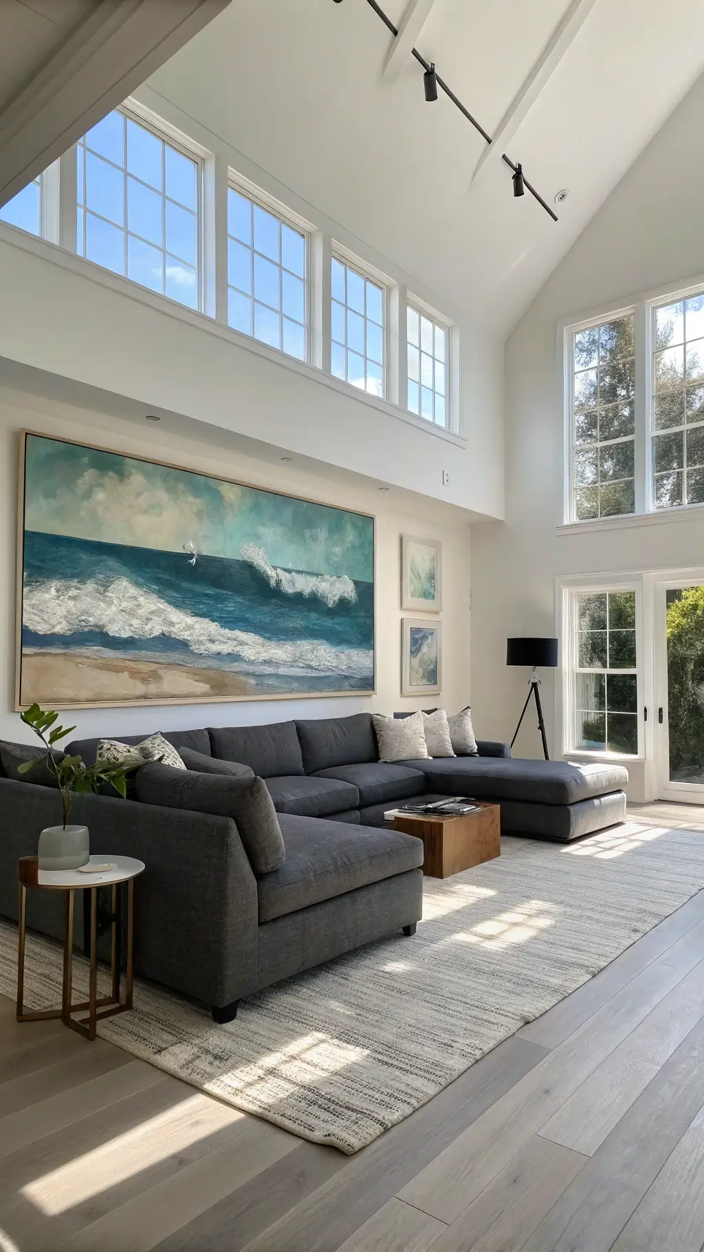 Contemporary living room with large abstract canvas above sofa