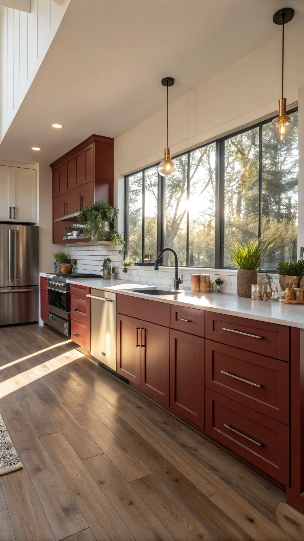 Modern kitchen featuring bold red cabinets with white quartz island and stainless steel appliances, illuminated by warm sunlight and LED lighting