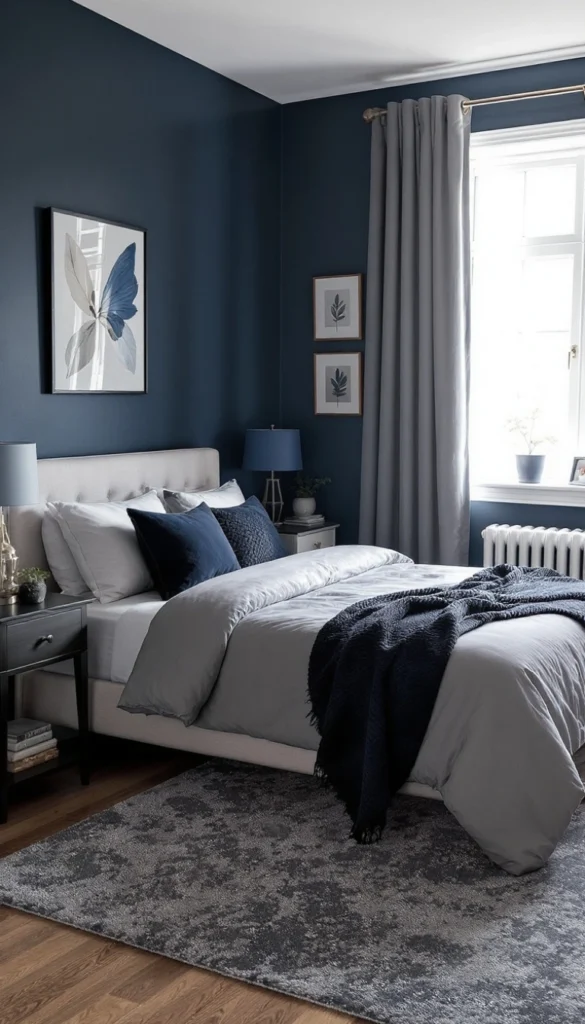 Indigo bedroom with gray bedding and butterfly wall art