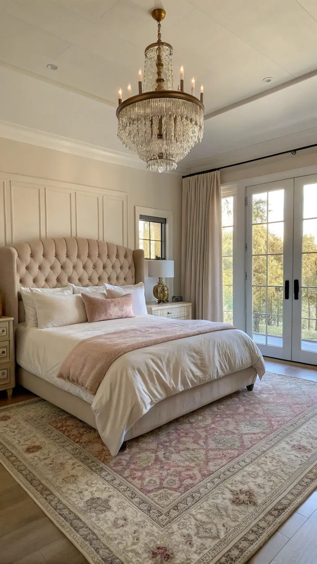Spacious master bedroom at golden hour with sunlight filtering through ivory curtains, featuring a king-sized bed with blush silk sheets, a taupe velvet headboard, brass sconces, a crystal chandelier, and a bronze-framed mirror reflecting warm light.