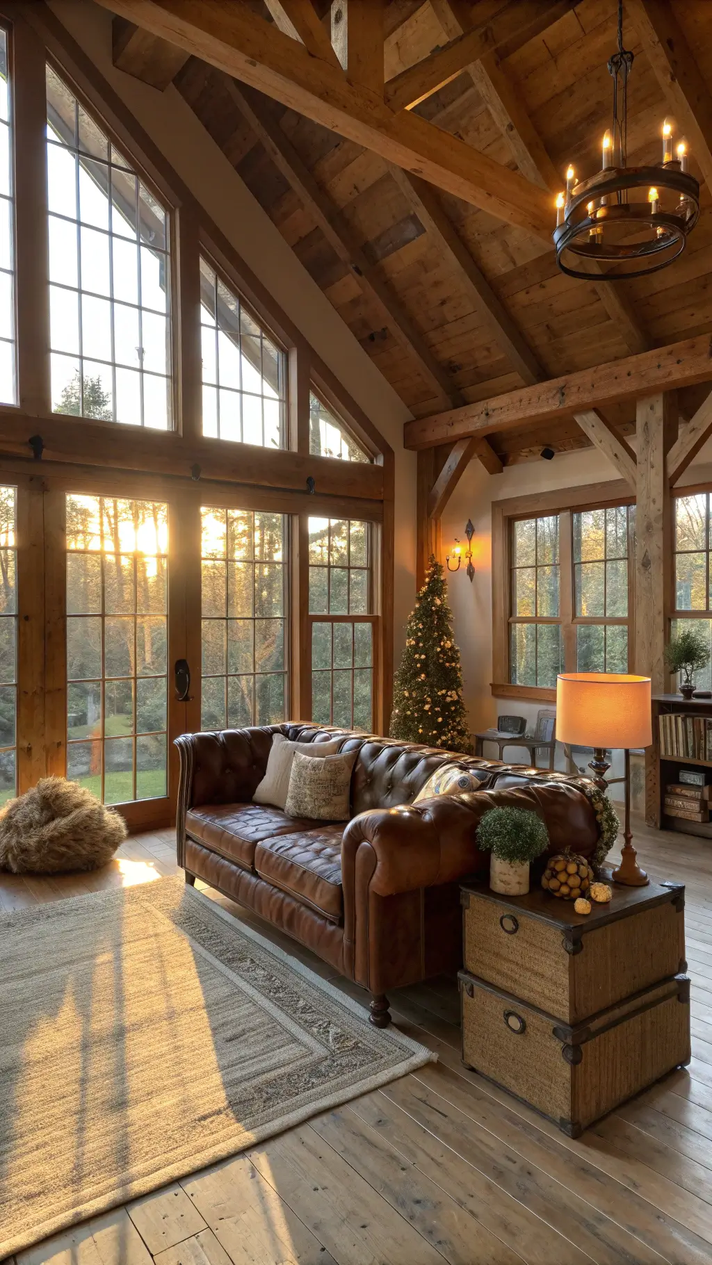 Sunlit rustic living room with exposed wooden beams, decorated noble fir tree, and stone fireplace adorned with pine garland and vintage decor