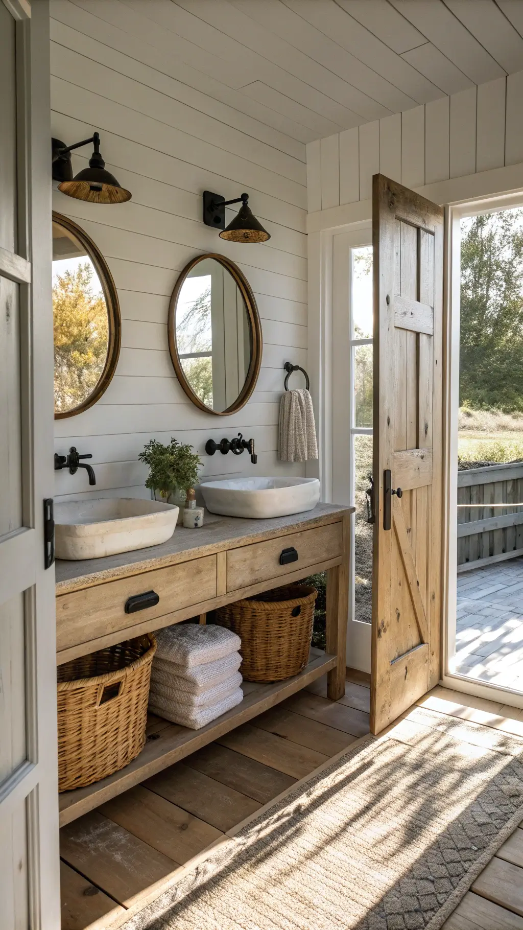 Sunlit farmhouse bathroom with whitewashed shiplap walls, a double vanity with ceramic sinks, bronze faucets, brass mirror, woven baskets with towel storage, and a mason jar with eucalyptus springs casting warm shadows.