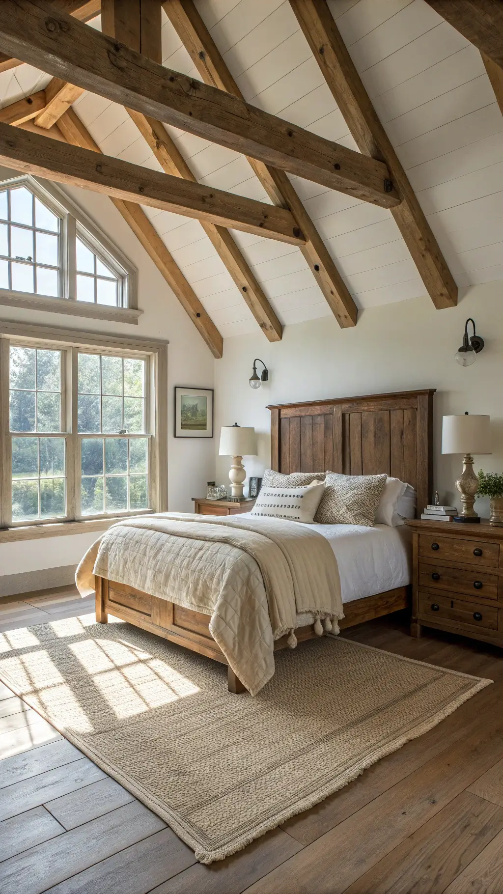 sunny farmhouse bedroom with vaulted wooden ceilings, king-sized bed, cream linens, and vintage furniture highlighted by floor-to-ceiling window natural light