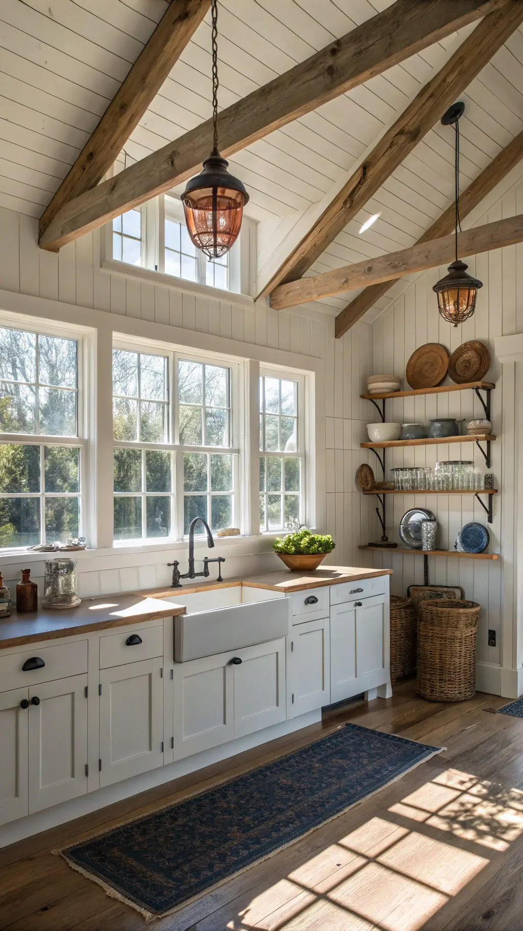 Sunlit farmhouse kitchen with exposed wooden beams, large mullioned windows, weathered oak island, white shiplap walls, dark iron pendant lights, vintage enamelware on open shelving, and copper pots hanging from ceiling rack.