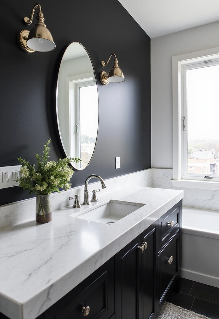 Bathroom with Bold Black Accents, White Quartz, and Chrome