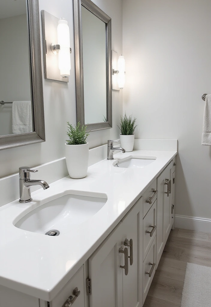 Bathroom with Dual Sinks, White Quartz Countertops, and Chrome Fixtures