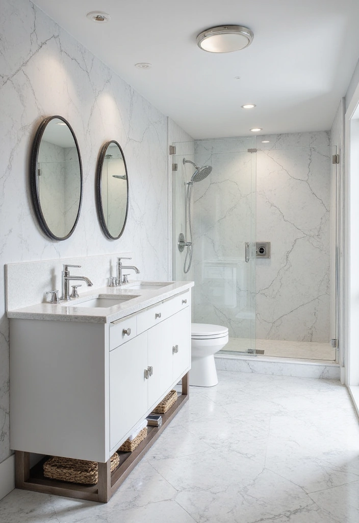 Bathroom with Geometric Tiles, White Quartz, and Chrome Fixtures