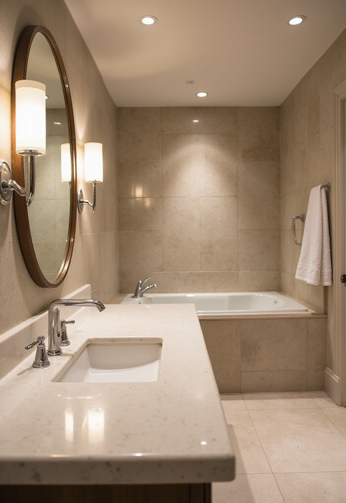 Bathroom with Layered Lighting, White Quartz, and Chrome Fixtures