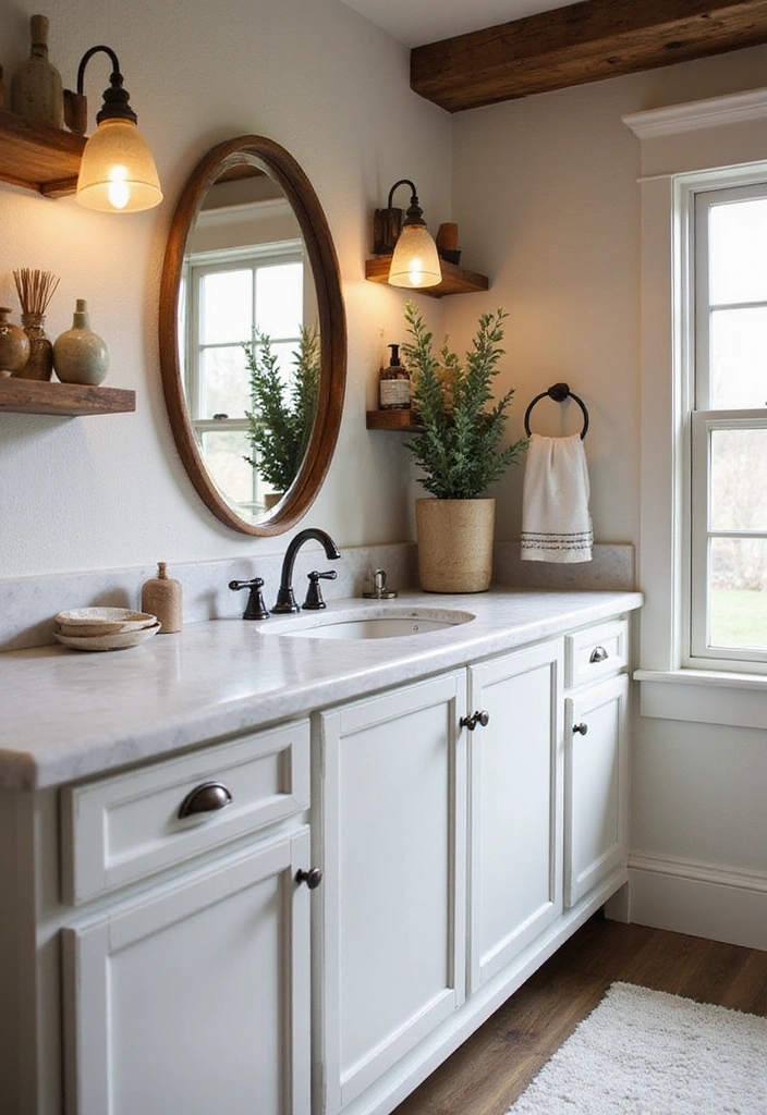 Farmhouse Style Bathroom with White Quartz and Chrome