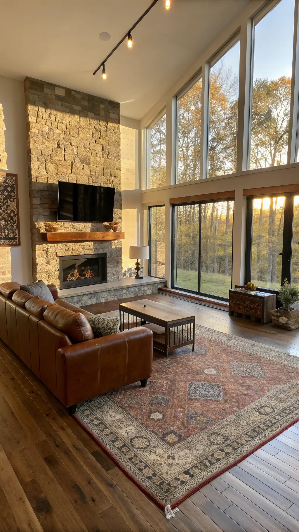 Spacious living room bathed in golden sunlight through large windows, featuring a stone fireplace, cognac leather sectional, vintage rugs, and walnut coffee table