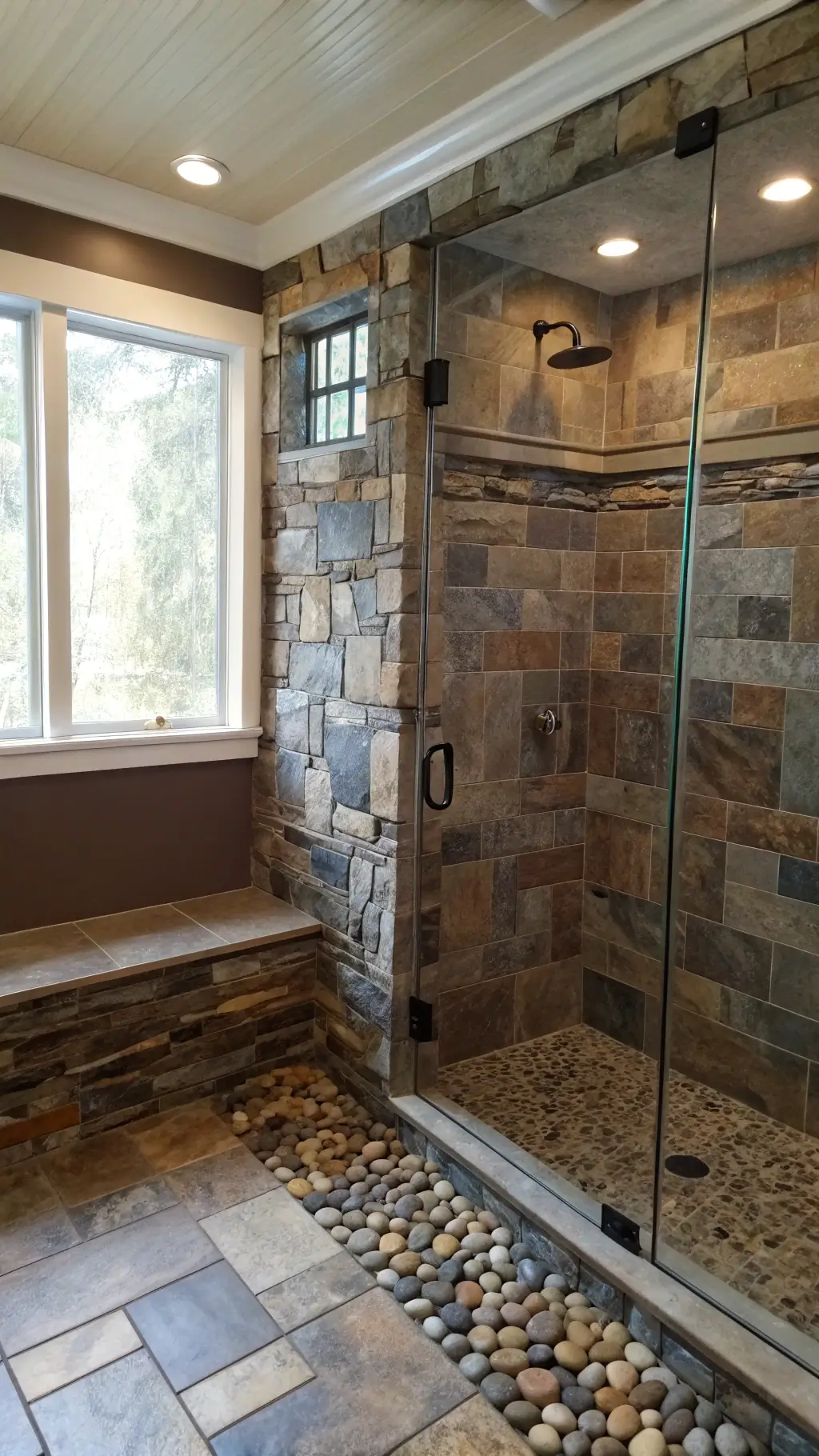 Master bathroom featuring floor-to-ceiling stacked slate stone walk-in shower with teak bench and bronze rainfall showerhead