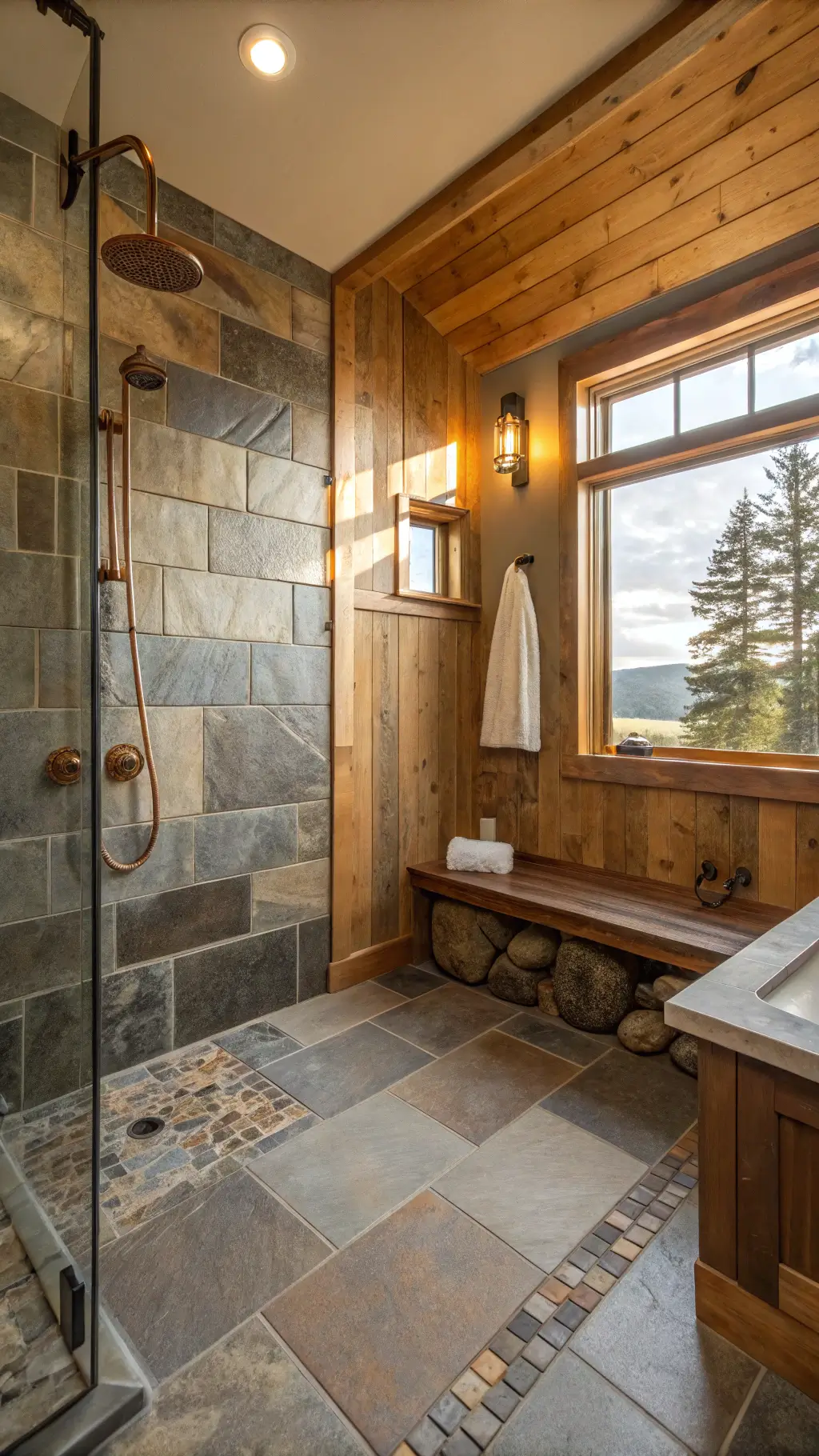 Spacious master bathroom featuring Montana slate walls, copper fixtures, river rock flooring, and sunlight filtering through a frosted window