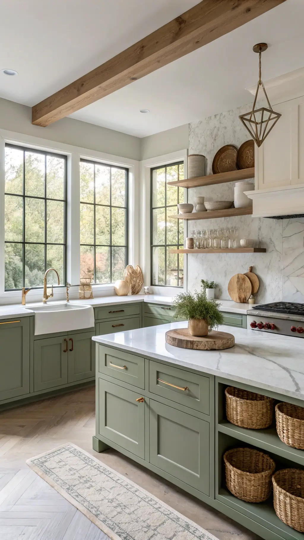 Bright modern kitchen featuring sage green shaker cabinets, white marble countertops, and natural wood shelving with artisanal ceramics, bathed in morning light