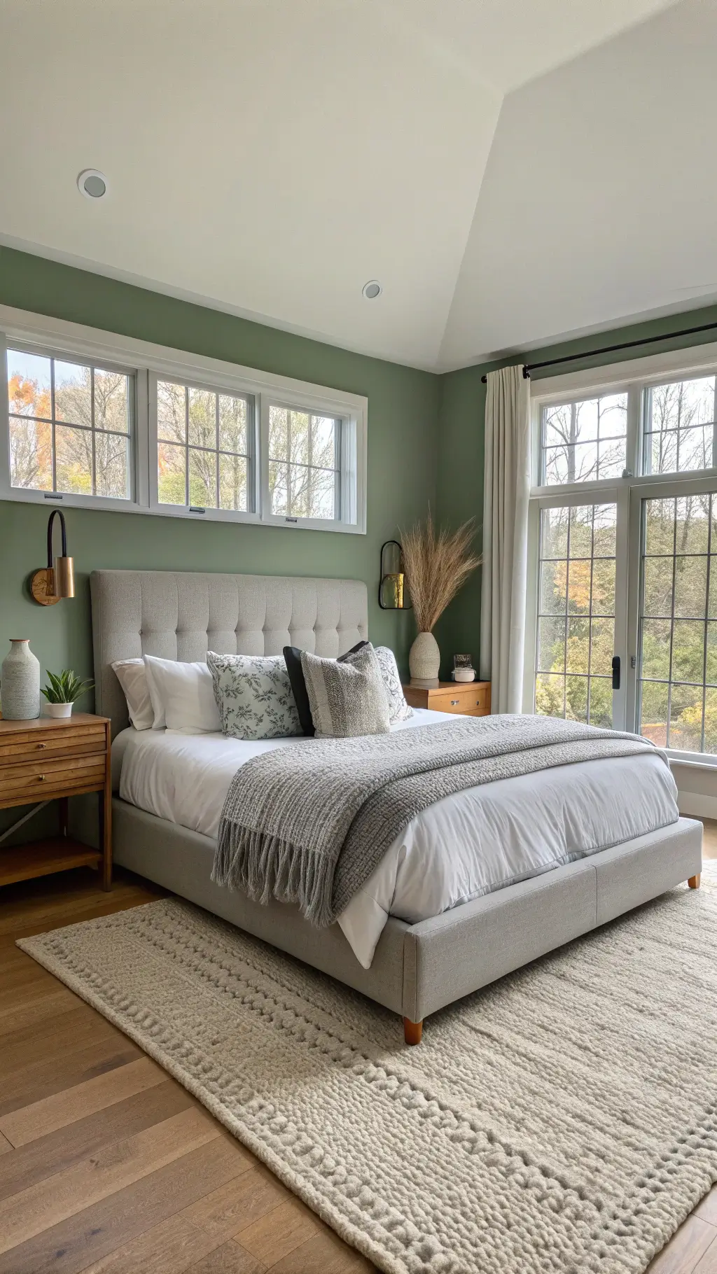 Spacious bedroom with sage green accent wall and grey upholstered bed, minimalist brass sconces, oak nightstands, pampas grass in <a href=