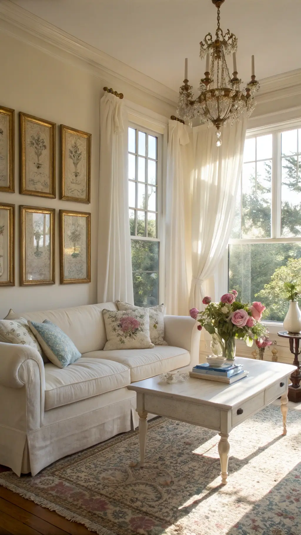 Bright living room with large bay windows, cream sofa, vintage botanical prints, distressed coffee table, crystal chandelier, and mercury glass vases with pink peonies under a vaulted ceiling.