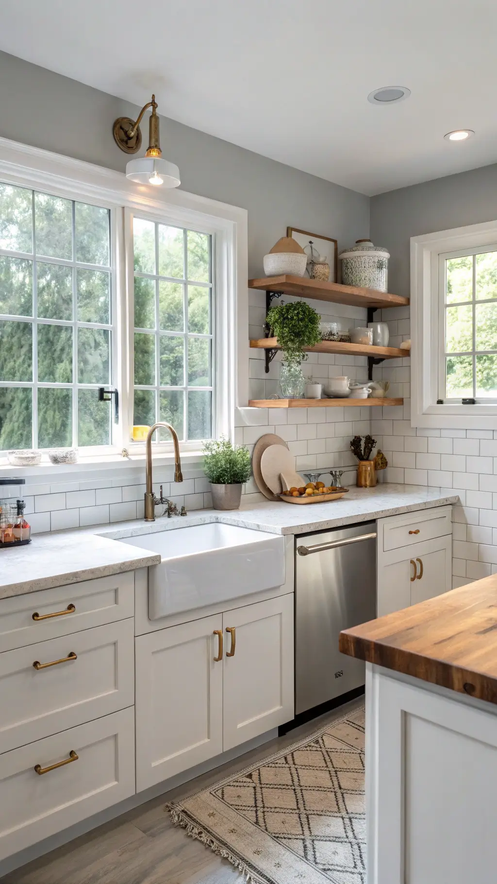 Bright modern kitchen with dove-gray walls, white shaker cabinets, marble-look quartz countertops, wooden shelves, ceramics, copper cookware, and a rolling butcher block island