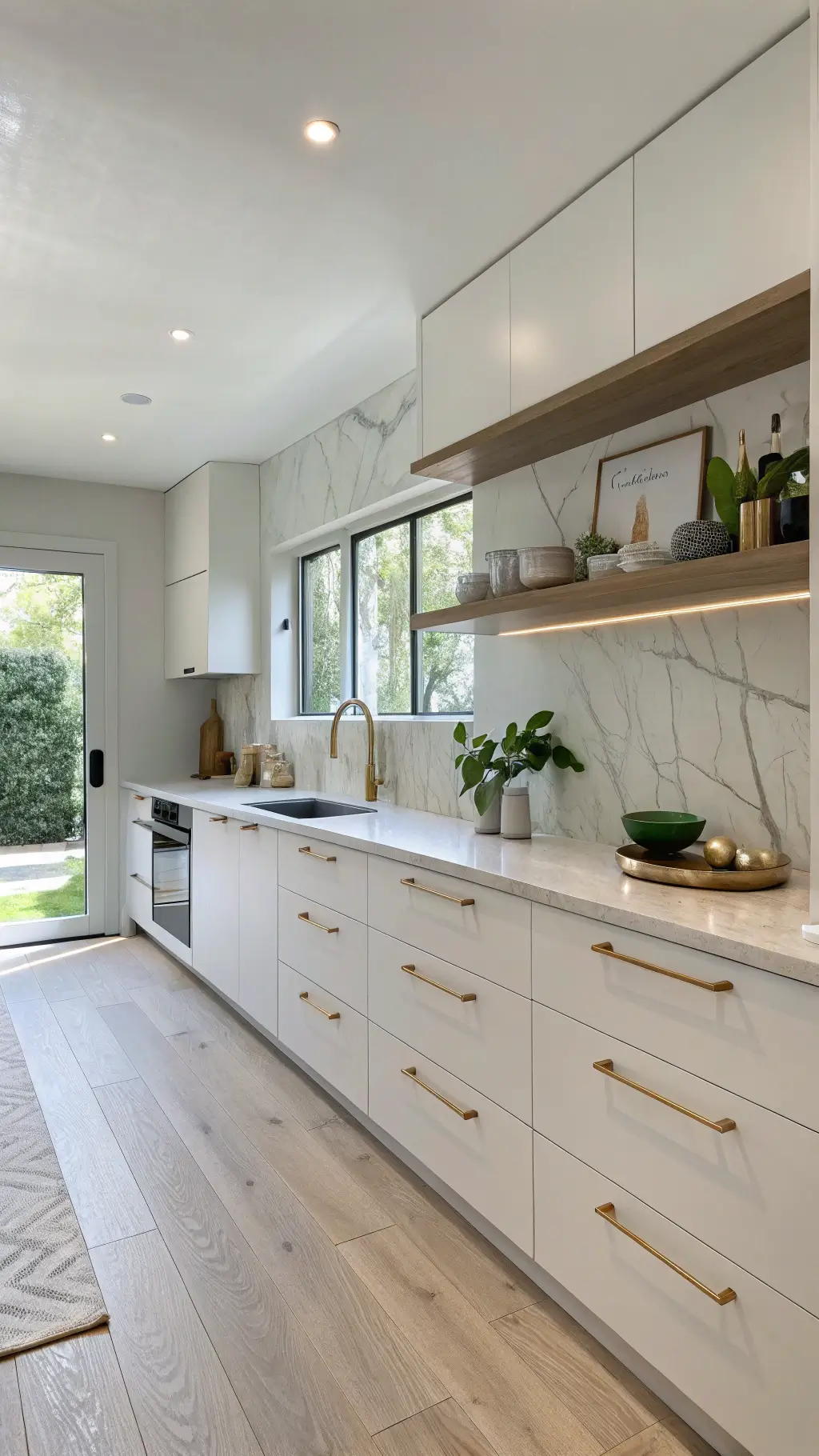 Modern minimalist galley kitchen with natural light, white cabinetry, marble-look quartz countertops, brushed gold hardware, and floating shelves with ceramics