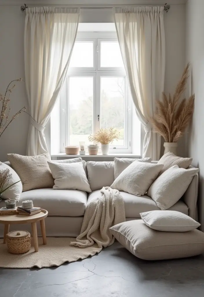 Gray Floors Styled with Neutral Textiles and Linen Drapes