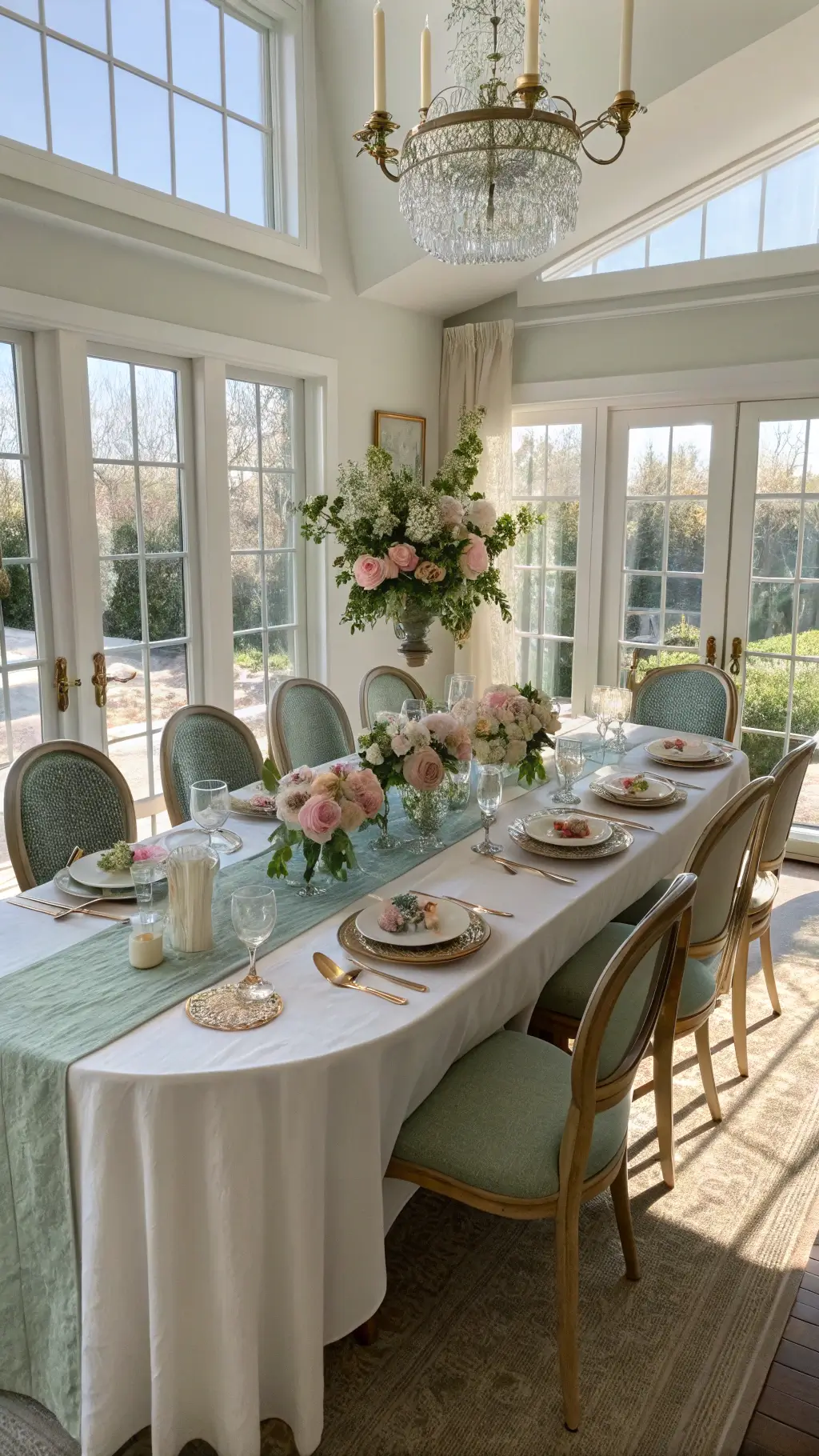 Bright spring morning dining room with floor-to-ceiling windows, oval table adorned with a lush peony centerpiece, rose gold-rimmed plates, and charming rabbit-themed napkin rings
