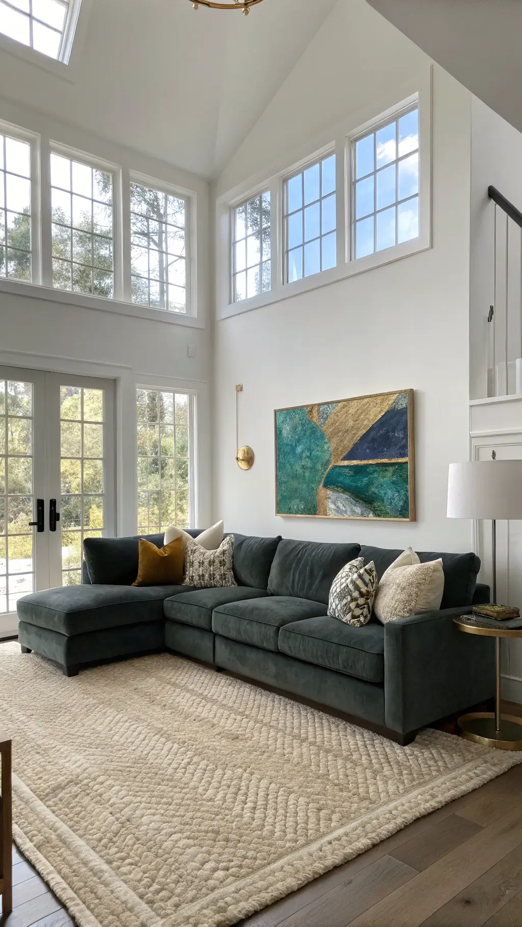 Contemporary, sunlit living room with high ceilings, floor-to-ceiling windows, plush charcoal grey sectional against a white wall, adorned with textured pillows and a large blue and gold abstract canvas hanging above, with a natural jute rug and brass floor lamp in the foreground.