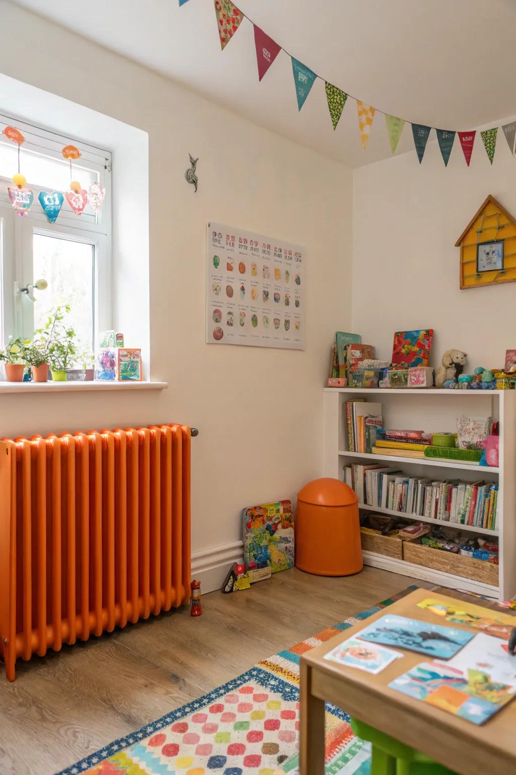 Radiators painted in bright orange energize the room.