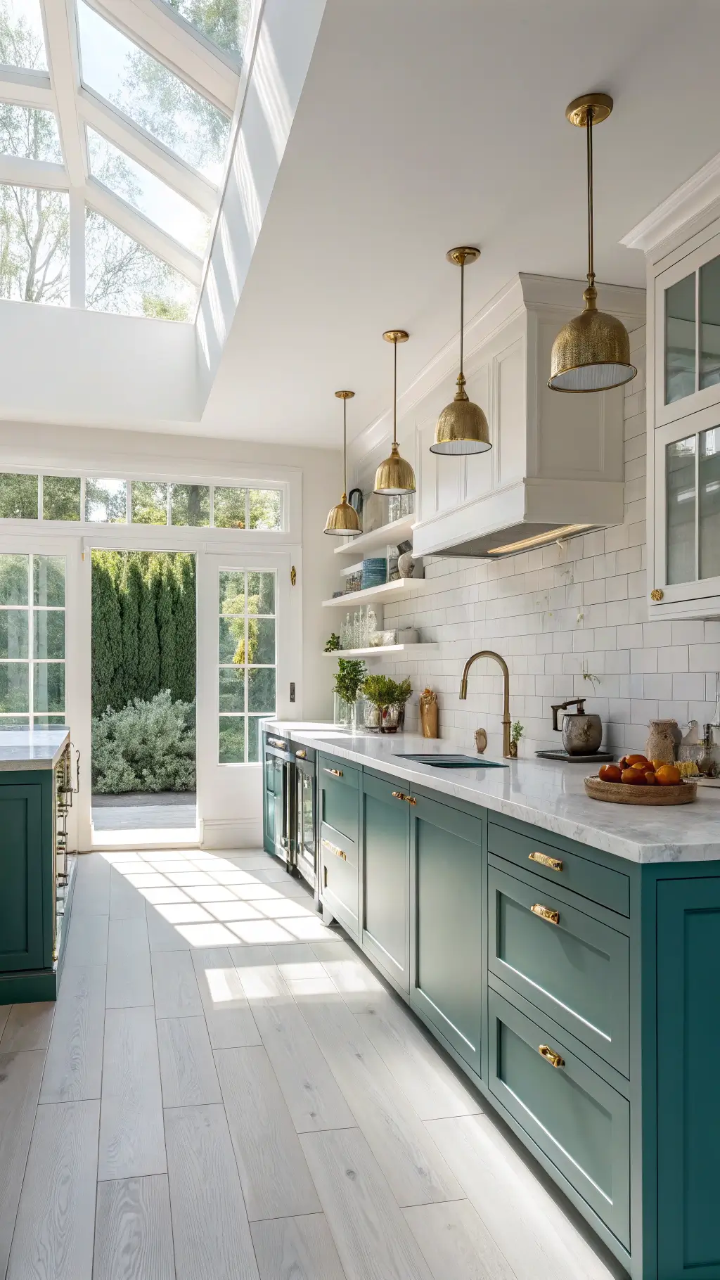 Sunlit kitchen with matte teal cabinets, white marble countertops, brass accents, open shelving, ceramics, and oak flooring