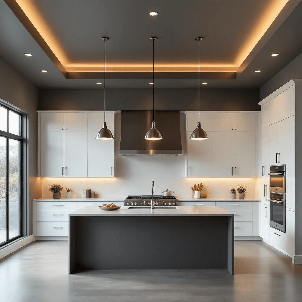 Modern kitchen with charcoal gray painted ceiling and recessed lighting