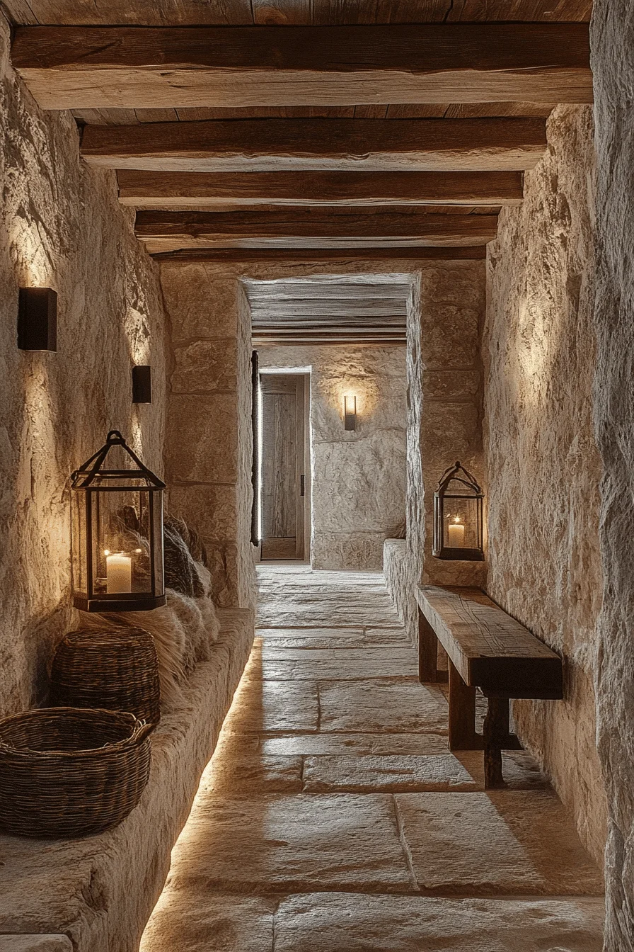 Rustic hallway with stone accents