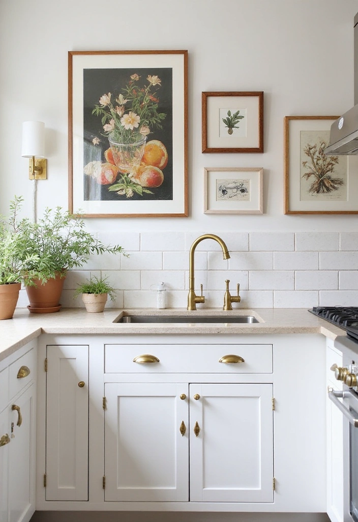 Kitchen with artistic touches complementing white cabinets and gold hardware