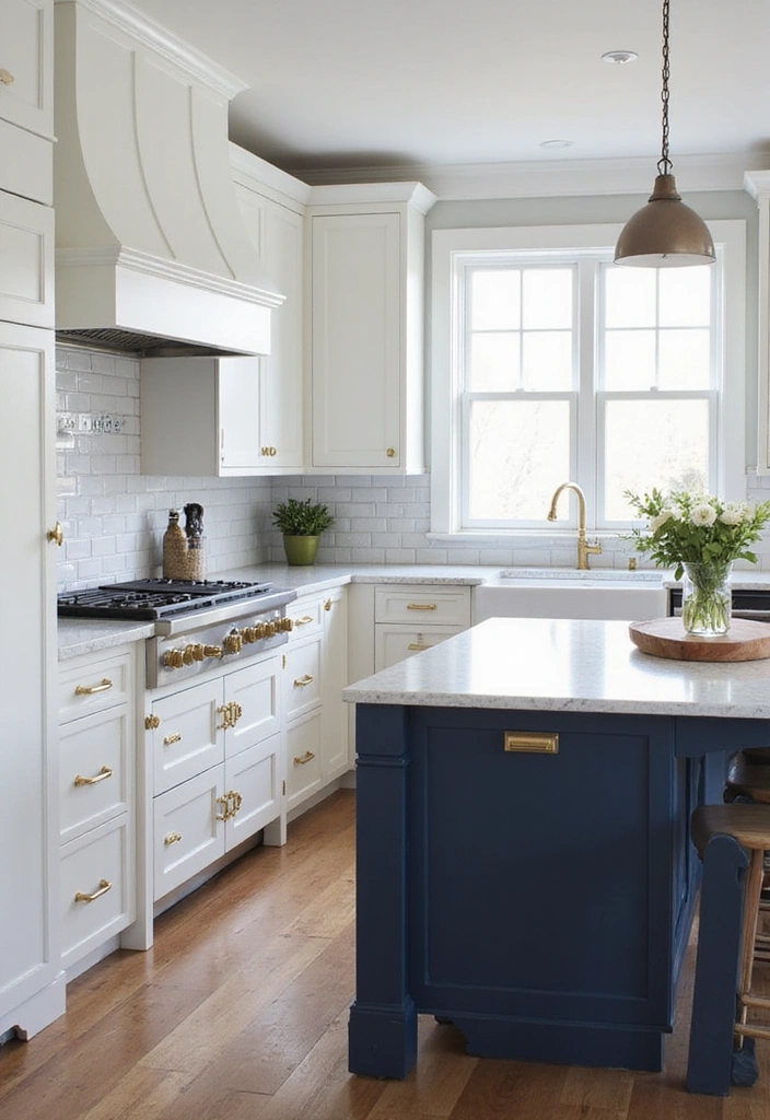Kitchen with bold contrasts of white cabinets, gold hardware, and dark island