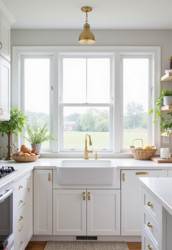 Luminous kitchen with white cabinets and gold hardware