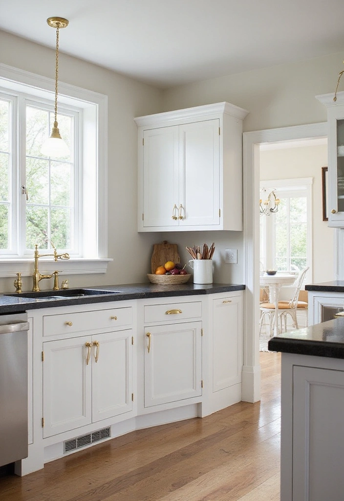 Classic shaker style kitchen with white cabinets and gold hardware