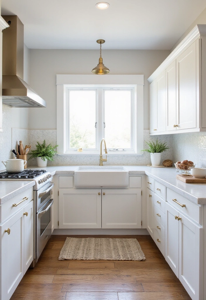 Coastal kitchen with white cabinets and gold hardware