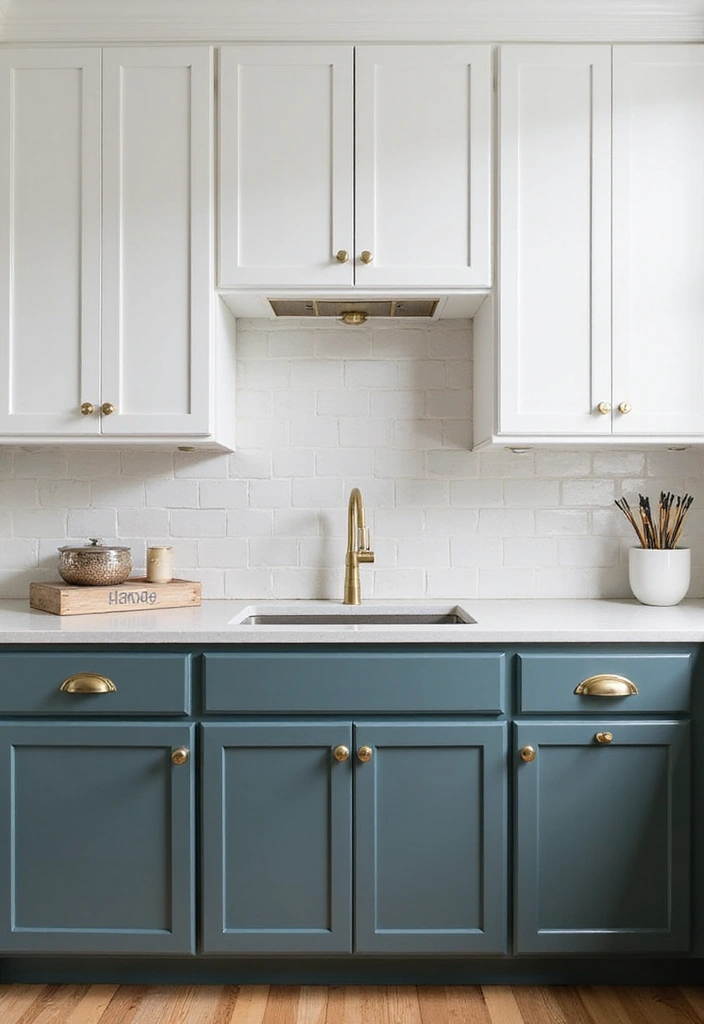 Dual-toned kitchen cabinets with white and bold colors accented by gold hardware