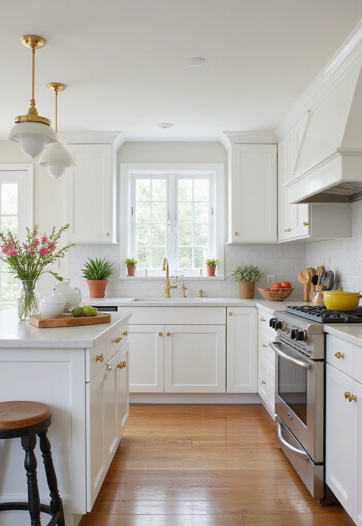 Family-friendly kitchen with white cabinets and gold hardware