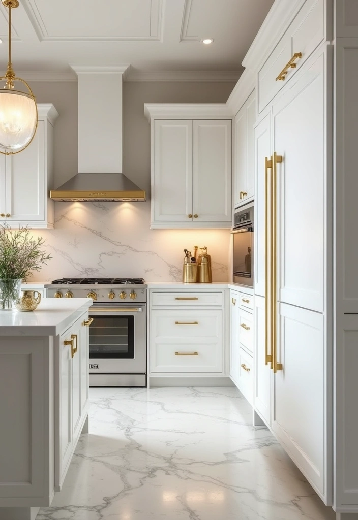 Glamorous kitchen with high-gloss white cabinets and gold accents