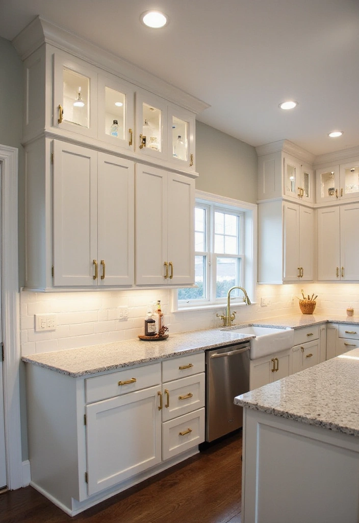 Kitchen with layered lighting and white cabinets with gold hardware