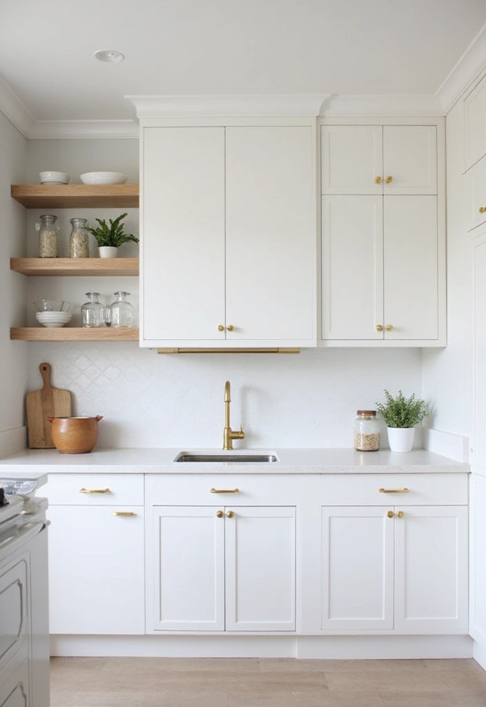Minimalist kitchen with white cabinets and gold hardware
