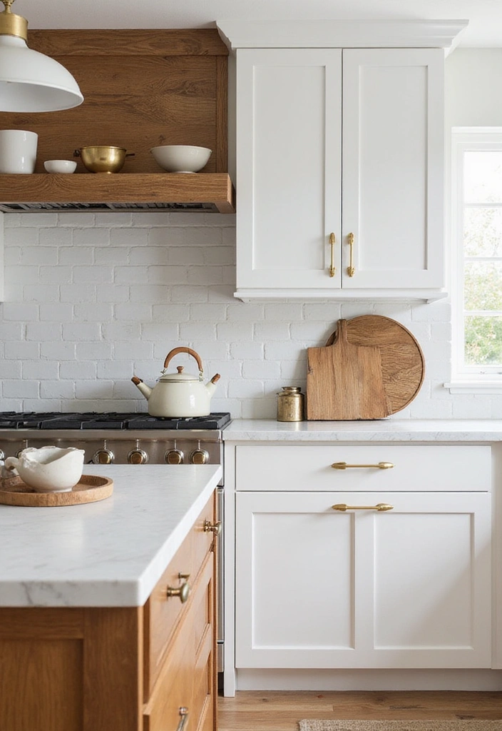 Kitchen featuring mixed materials with white cabinets and gold hardware