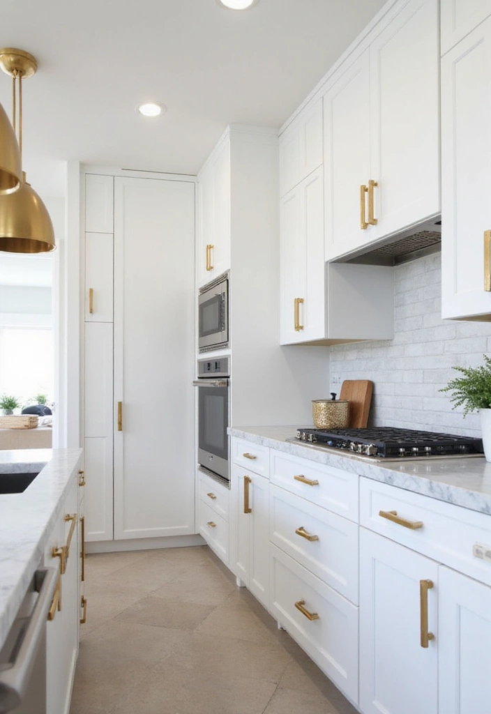 Modern kitchen with white cabinets and bold gold hardware