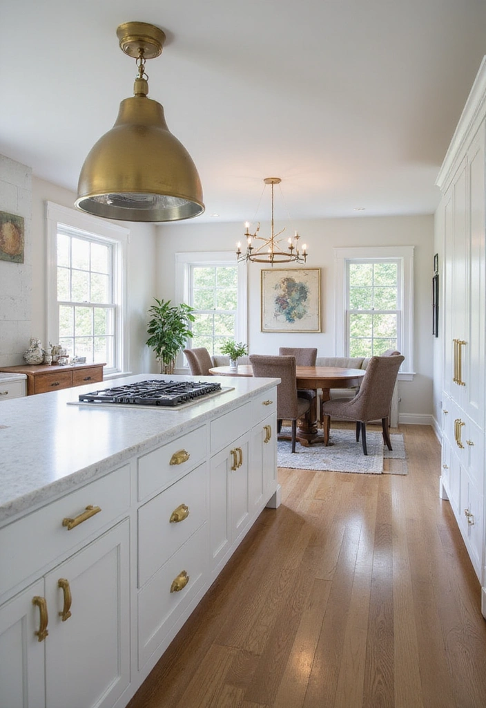 Open concept kitchen with white cabinets and gold hardware